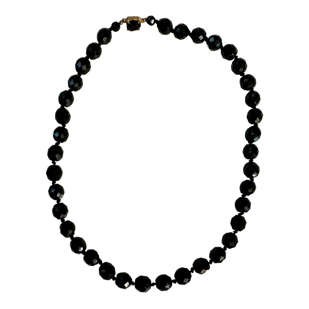 ART DECO HAND KNOTTED FACETED BLACK CZECH GLASS 20" END OF DAY MOURNING NECKLACE